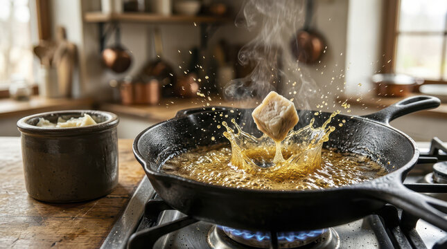Beef tallow cooking cast iron skillet deep frying hot oil splash steam kitchen scene with beef tallow cooking hot oil bubbling cast iron skillet