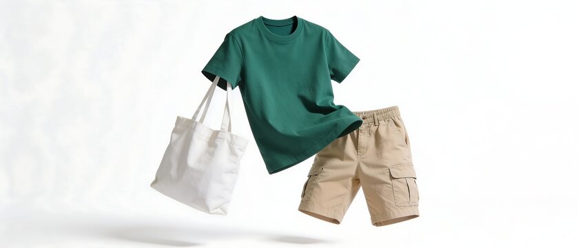 Green tshirt beige shorts and white canvas tote bag.