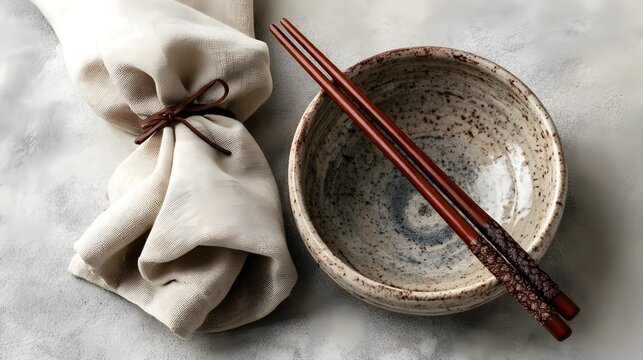 Wooden chopsticks resting on speckled ceramic bowl with linen