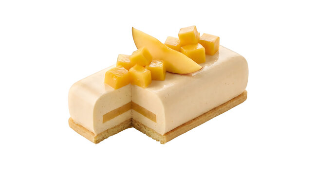 Mango mousse cake dessert with fruit topping on white surface