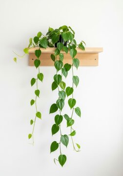 Heartleaf philodendron plant on wooden shelf attached to white wall.