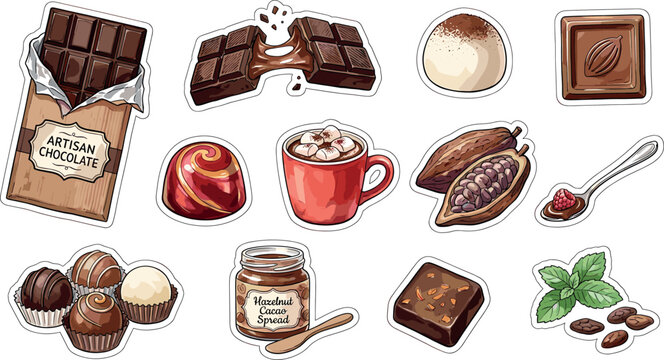 Sweet chocolate dessert sticker vector set with artisan candy bars hazelnut cacao spread truffles hot mug and organic cocoa beans