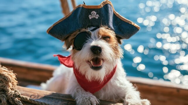 Small dog wearing pirate hat eye patch and red bandana sitting on wooden boat deck with ocean water background on sunny day