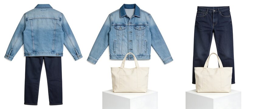 Flat lay denim clothing apparel set arrangement.