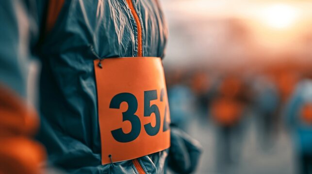 Runner wearing race bib number close-up at marathon start line