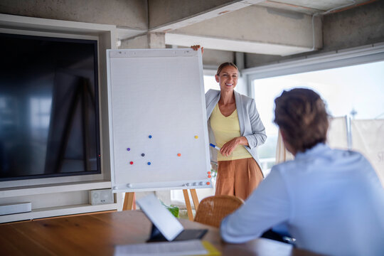 Smiling businesswoman presents on flipchart to colleague in office
