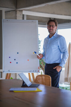 Businessman presents vision at a flipchart in the office