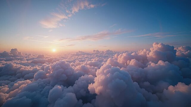 sunrise above clouds over horizon, dramatic sky and fluffy cumulus