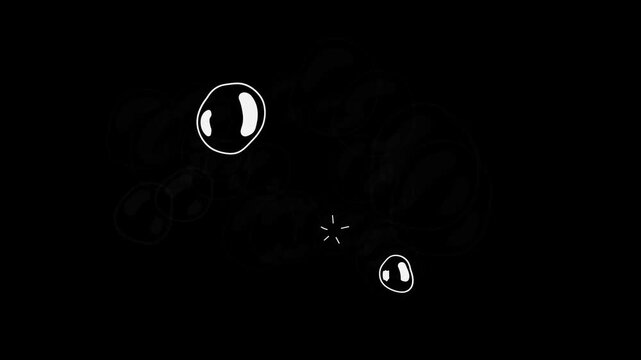 Animation of a bursting water balloon, sketch of a popping soap bubble with splash lines, cartoon doodle style, black background, 4K video.
