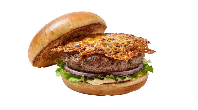 Cheeseburger with crispy potato rosti and red onion