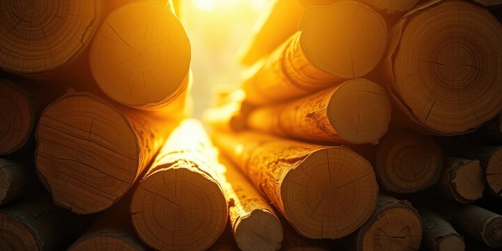 Sunlight filtering through a stack of wooden logs, highlighting the natural grain patterns and warm hues of the timber