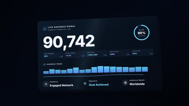 Digital analytics dashboard showing audience growth reaching a one hundred thousand milestone achievement.