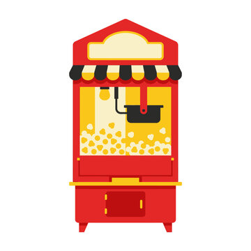 Popcorn machine flat design vector banner with red retro vendor cart