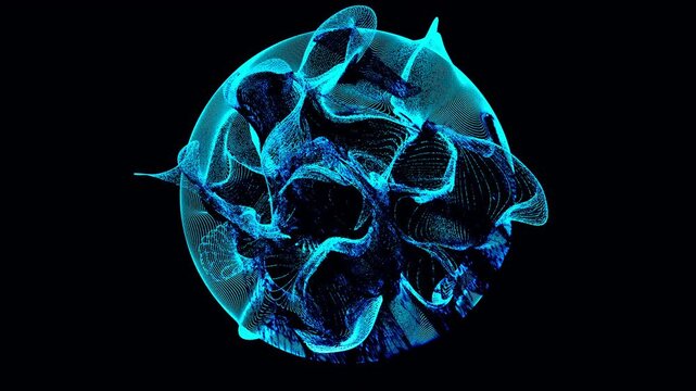 Circular Particle Vortex Graphic.A circular outline on black background, filled with wavy lines and particle noise, fragmented textures radiate from center.