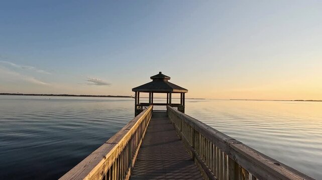 Walking Down a Pier With A Gazebo on the Albermarle Sound in North Carolina Outer Banks