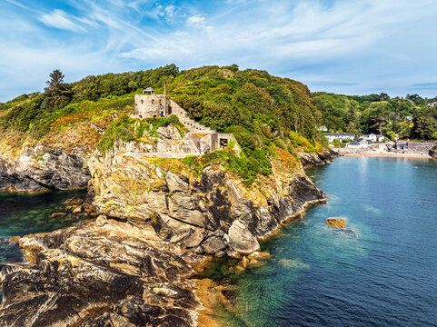 St Catherine's Castle over River Fowey from a drone, Fowey, Cornwall, England