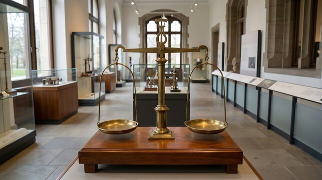 Vintage brass scale displayed in a museum gallery