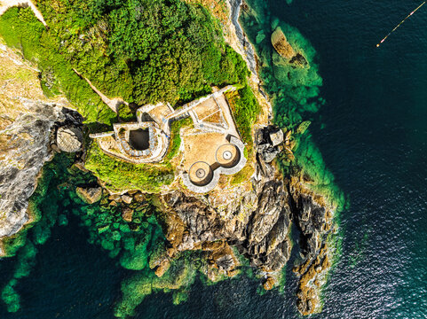 Top Down view of St Catherine's Castle over River Fowey from a drone, Fowey, Cornwall, England