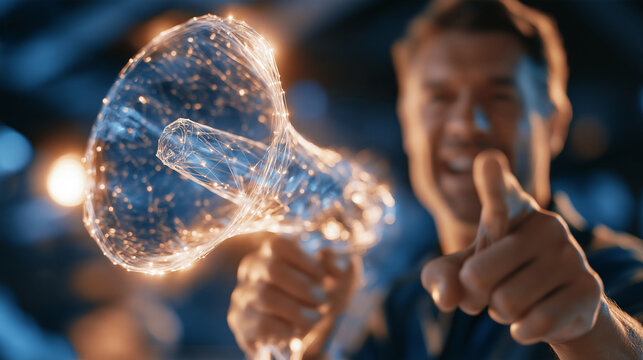 Digital Megaphone Announcement: A smiling man gives a thumbs up while holding a glowing digital megaphone, symbolizing effective communication and amplification of ideas in the digital age.