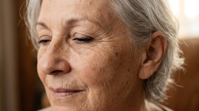 Senior woman with wrinkles and age spots on her face
