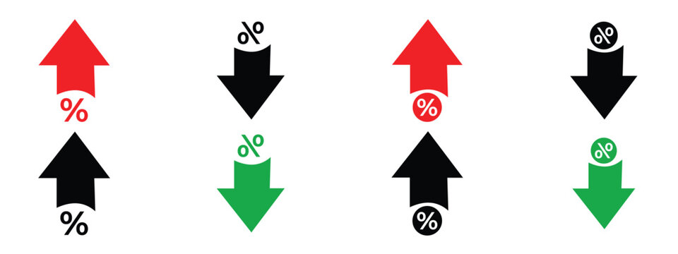 Percentage discount down arrow icon set, price reduction and sales promotion symbol, financial interest rate drop marketing vector 