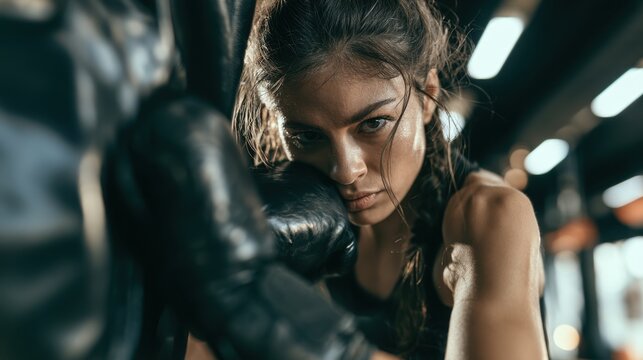 Intense focused woman boxer training with gloves in gym preparing for fight with determination and strength