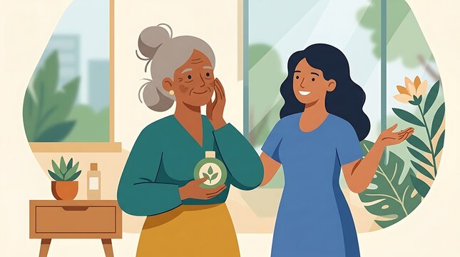 Young woman helping senior woman with herbal skincare product