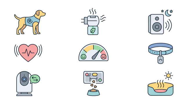 A soothing flat vector icon set illustrating anxiety soothing vests, pheromone diffusers, white noise speakers, and heartbeat pads for pet anxiety relief technology, calming sound therapy, and pet str