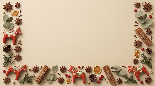 Christmas spice border with dalahast ornaments and cinnamon sticks