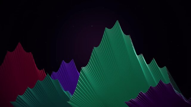Abstract Glowing Neon Lines Mountain Range Landscape Background Featuring Dynamic Synced Pulse Motion Effects In Vibrant Green And Deep Purple Hues