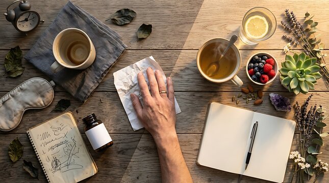 Person hand rests on crumpled paper at wooden wellness desk