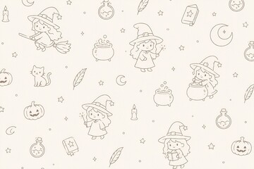 Obraz premium Cute Halloween Witch Line Art Seamless Pattern with Magic, Pumpkins and Potions