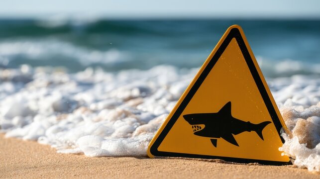 Warning sign on sandy beach indicating presence of dangerous shark in ocean with blurred water and foam waves background