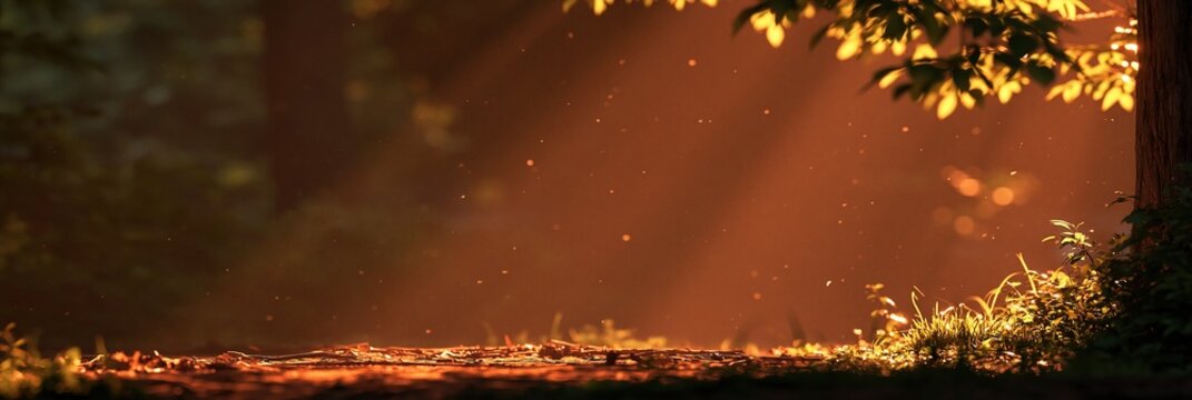 Sunbeams illuminate forest floor with glowing dust motes and vibrant foliage