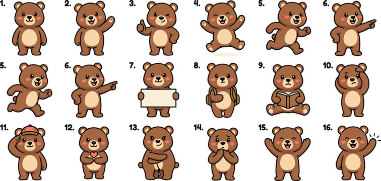 Cute teddy bear mascot character pose set featuring cartoon grizzly waving running holding sign reading book and diverse emotional expressions vector