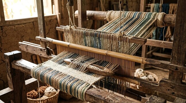Traditional wooden weaving loom with colorful textile in a workshop