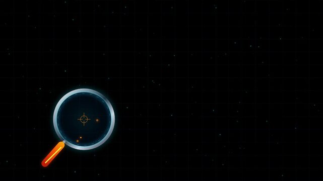 Futuristic digital magnifying glass animation scanning dark space background with glowing particle elements and orange crosshair targeting scope inter