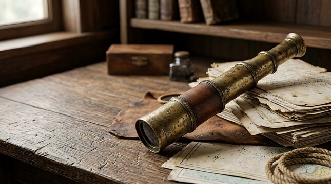 Vintage brass telescope resting on an old wooden desk with maps