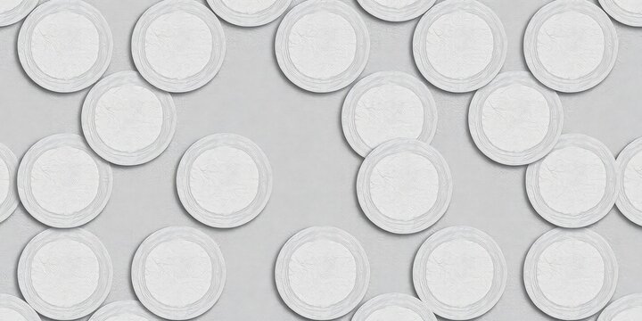 Abstract white and gray background featuring a circular, repeating pattern of textured circles with subtle shadows