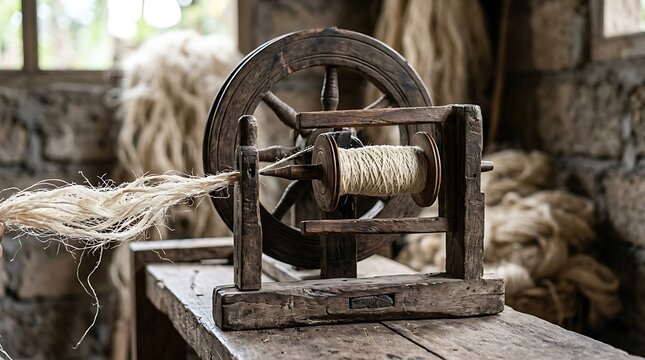 Antique wooden spinning wheel crafting yarn in a rustic workshop