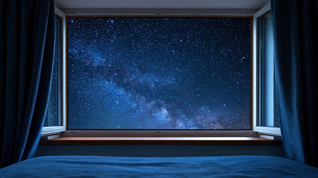 View of the Milky Way galaxy from an open window at night, with blue curtains and a bed in the foreground.