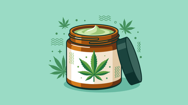Flat vector illustration of an open amber glass jar filled with pale green hemp-infused cream, featuring a cannabis leaf label on a mint green background with floating leaves.