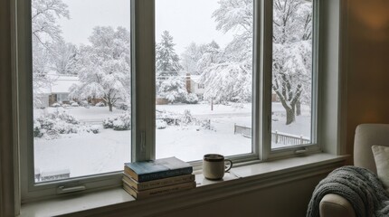 Peaceful winter morning view of a snow-covered suburban street from inside a home with books and a coffee mug on the sill