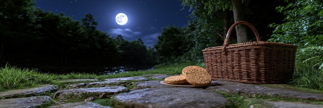 Romantic night picnic by the river under a full moon with a basket and cookies
