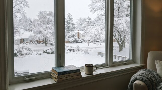 Peaceful winter morning view of a snow-covered suburban street from inside a home with books and a coffee mug on the sill