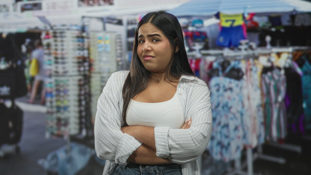 Young hispanic woman with arms crossed and a skeptical frown at a street clothing stall; skepticism hesitation.