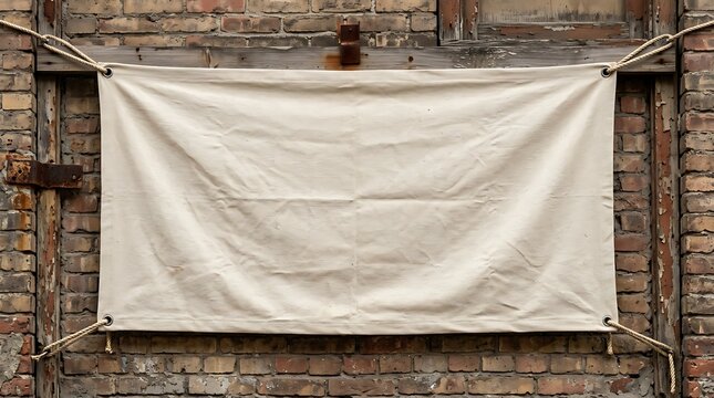 Blank canvas banner hanging on a rustic brick wall with ropes