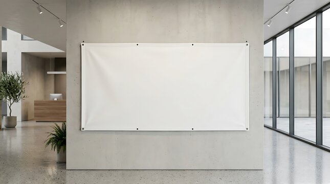 Large blank vinyl banner mockup on concrete office wall