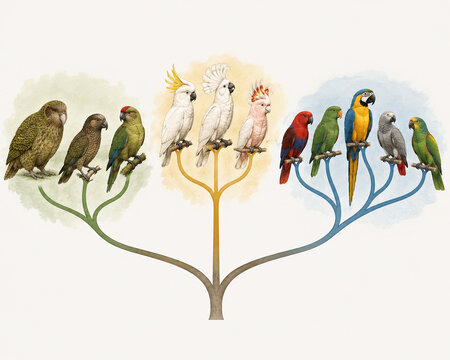 Parrot phylogeny illustration with branching evolutionary groups