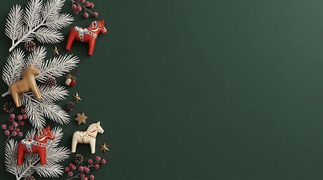 Traditional dala horse figurines and pine branches on dark green